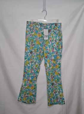 Zara Vibrant Floral Linen Blend Mini Flare Pants Size 8 NWT